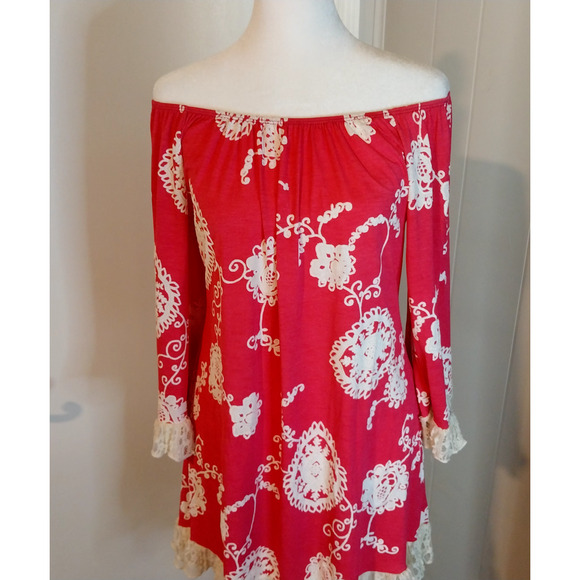 2 B Together Pink Mini Dress S Off Shoulder Crochet Flutter Sleeve / #3102 - Picture 8 of 8